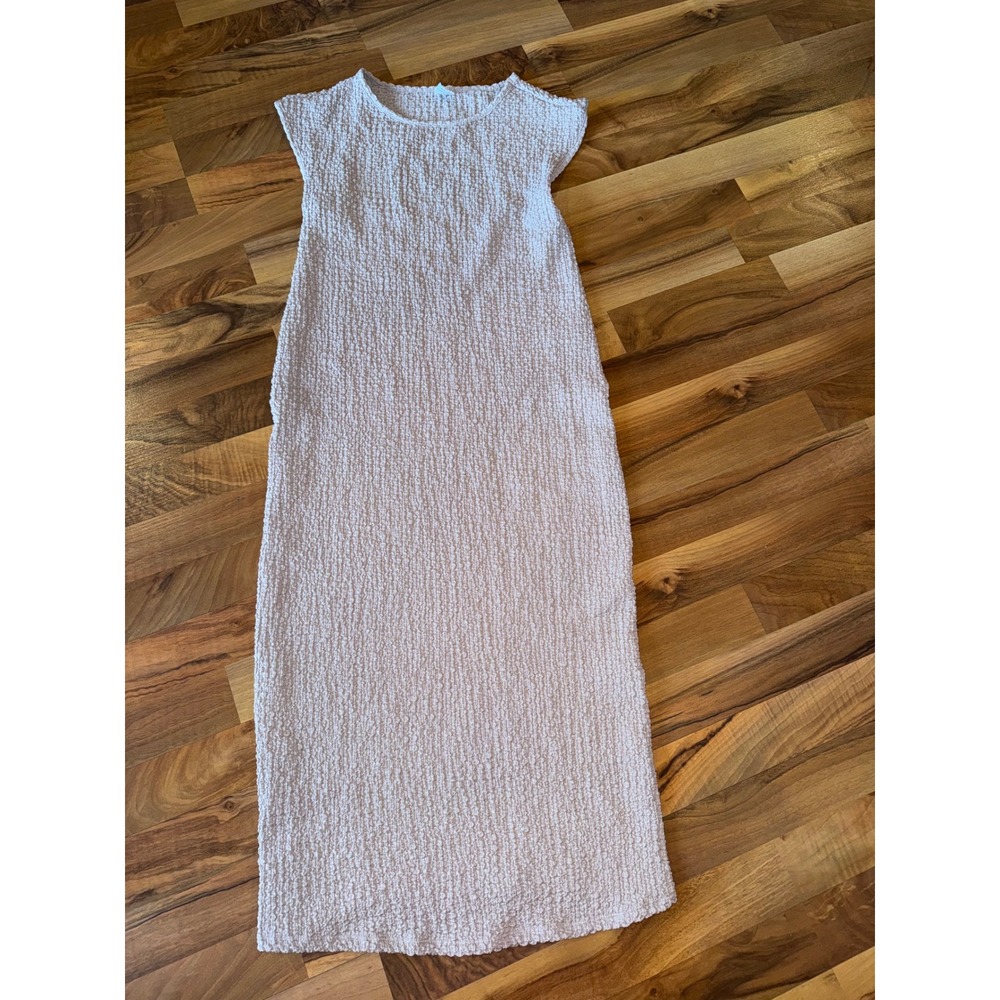 Time and Tru Popcorn Midi Dress Womens Medium Tan maternity Textured Cap Sleeve